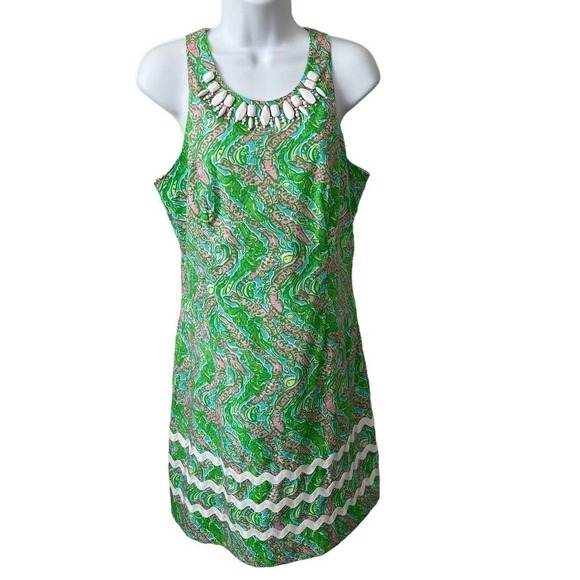 Lilly Pulitzer Pearl Mini Dress 6 Shorely Blue Chomp Alligator Shift Beaded - Picture 2 of 11